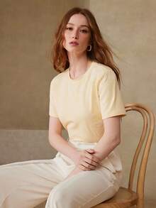 MOTF PREMIUM CAMISETA DE MUJER CON BORDADO DE MANGA CORTA, ADECUADA PARA CITAS, PRIMAVERA/VERANO - Amarillo - Ver 5