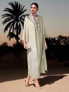 Al Najma Vestido de estilo árabe con cuello en V holgado, mangas de murciélago y diseño con flecos - Rosa - Ver 5