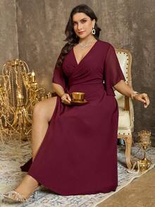 SHEIN Elenzya 大码女式不对称褶皱高腰连衣裙 - 中紫紅色 - 查看 5