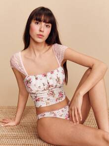 lacRébo 花卉印花刺绣复古可爱上衣，配粉色蕾丝袖和同款内裤内衣套装 - 彩色 - 查看 6