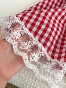 SHEIN Young Girl Young Girl Woven Plaid Round Neck Puff Sleeve Fitted Dress - Red - View 8