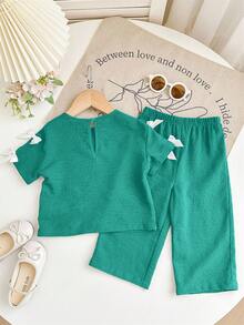 Babygirl Cute Green Bow Knit Short Sleeve T-Shirt & Elastic Waist Pants Set, Summer - Black - View 7