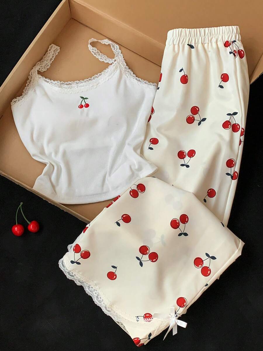 SHEIN 青少年女孩休閒可愛蕾絲飾邊背心上衣與直筒寬腿褲2件套,舒適彈性櫻桃印花運動套裝 - 杏色 - 查看 1