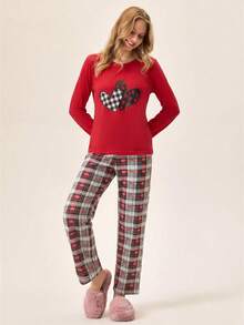 Loomlin 100% Cotton 2pcs  Heart Printed Long Sleeve Top And Plaid&Heart Printed Sleep Bottom PJ Set - Red - View 3