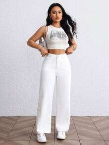 SHEIN EZwear 大码女式春季白色无弹力修身直筒裤 - 白色 - 查看 4