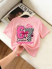 Tween Girls Casual Chic Sweet Minimalist "67" & "SIX SEVEN" Print Short Sleeve Round Neck T-Shirt, Summer Tops, Pink - Pink - View 3