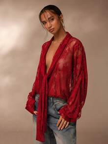SHEIN Glamour Women Three Quarter Kimono Sleeve Red Sheer Blouse With Shawl Collar Regular Fit Sexy Patterned Top Sheer Cardigan Women Red Mesh Top Red Blouses Lace Kimono Red Lace Top - Red - View 3