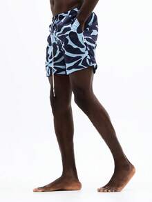 SUMWON Tropical Leaf Print Swim Trunks With Elastic Waistband And Side Pockets For Beach Vacation Summer Swimming - Blue - View 3