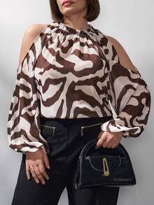 Chikora Blusa de mujer talla grande, elegante blusa de manga larga con hombros descubiertos y estampado de cebra semitransparente para el trabajo, el trayecto, el verano, el Día de San Valentín, el Carnaval, fiestas y primavera - Multicolor - Ver 6