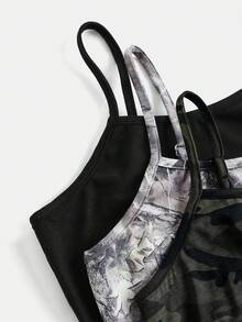 3件套少女印花针织吊带背心，休闲时尚，百搭，适合派对、郊游、与朋友拍照、公园、露营、度假、日常穿着。 - 彩色 - 查看 3