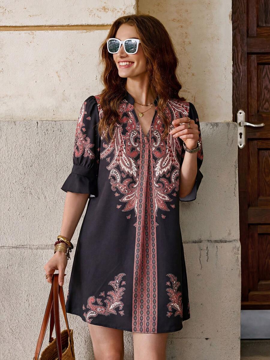 Solivie 女士中袖印花情人节春夏连衣裙，情人节套装 - 黑色 - 查看 1