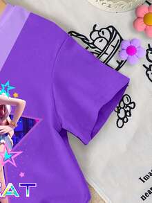 2pcs Young Girls Casual Fashion Korean K-POP Cartoon Girl Pattern Short Sleeve Round Neck T-Shirt And Shorts Set, Purple Contrast Color T-Shirt Set, Comfortable Outfit For Daily, Festival, Spring/Summer - Multicolor - View 6