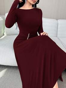 Modelyn 女士纯色船领长袖优雅中长连衣裙 - 酒紅色 - 查看 6