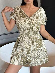 DAZY Beach Resort Style Botanical Print Romper Pajamas For Women - Green - View 3