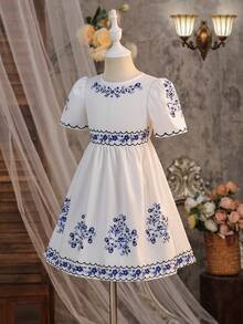 SHEIN Young Girls' White Print Waist Cinched Dress, Cute Puff Sleeves, Suitable For Party, Holiday, Daily, Vacation, Casual & Versatile - White - View 6