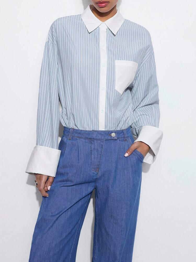 SHEIN Maija Camicia donna primaverile di moda versatile, con collo a risvolto, manica lunga, monopetto, con dettagli a contrasto