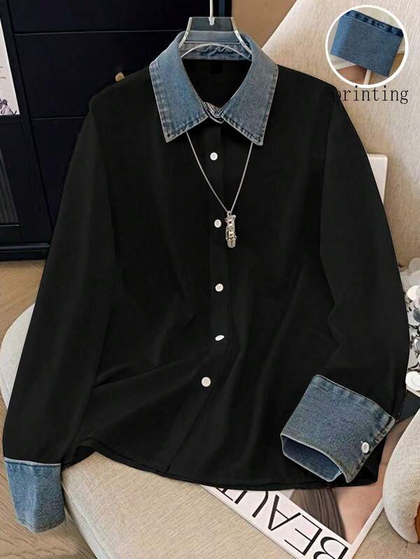 GlowEve Women's Casual Patchwork Denim Effect Shirt, Autumn/Winter