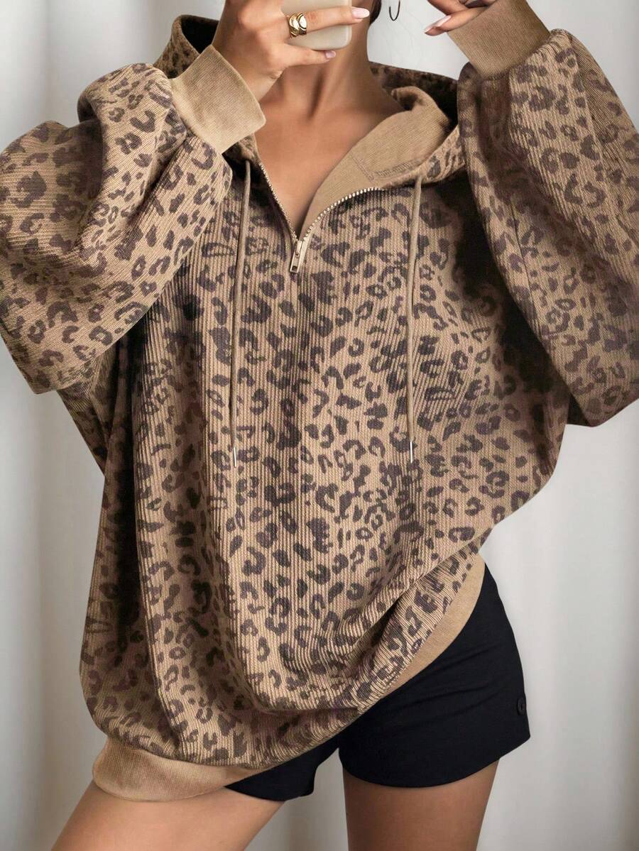 INAWLY Women's Casual Leopard Print Sweatshirt Sweatshirt, Spring/Autumn - Khaki - View 1