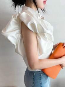 INAWLY 1pc Women's Solid Color Single-Breasted Casual Shirt With Puff Sleeve Design - White - View 2