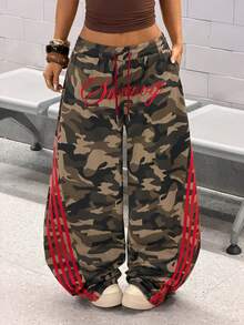 StreetHx Women's Green Camouflage Pattern, Red Vintage Embroidered Letter, Side Red Ribbon Decor Streetwear Punk Rock Casual Oversized Flared Leg Pants - Multicolor - View 4