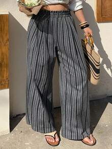Dazy Plus Elastic Waist Casual Striped Loose Wide Leg Long Pants, All Season - Navy Blue - View 2