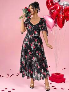 Elenzga Vestido feminino plus size elegante e romântico com laço de rosa nos punhos e barra em tule patchwork, perfeito para um encontro romântico no Dia dos Namorados. - Multicolorido - Ver 7