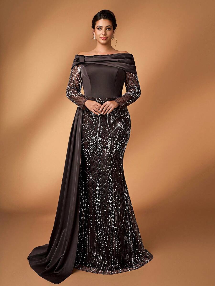 Serin 大码优雅奢华咖啡色露肩礼服，饰有串珠和亮片，褶皱袖，鱼尾裙摆，适合婚礼、派对、度假、舞会、新娘母亲晚礼服 - 咖啡棕 - 查看 1