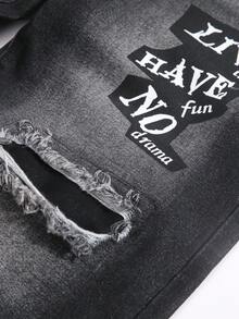 Manfinity EMRG 男士休闲水洗做旧字母印花牛仔裤 - 黑色 - 查看 5