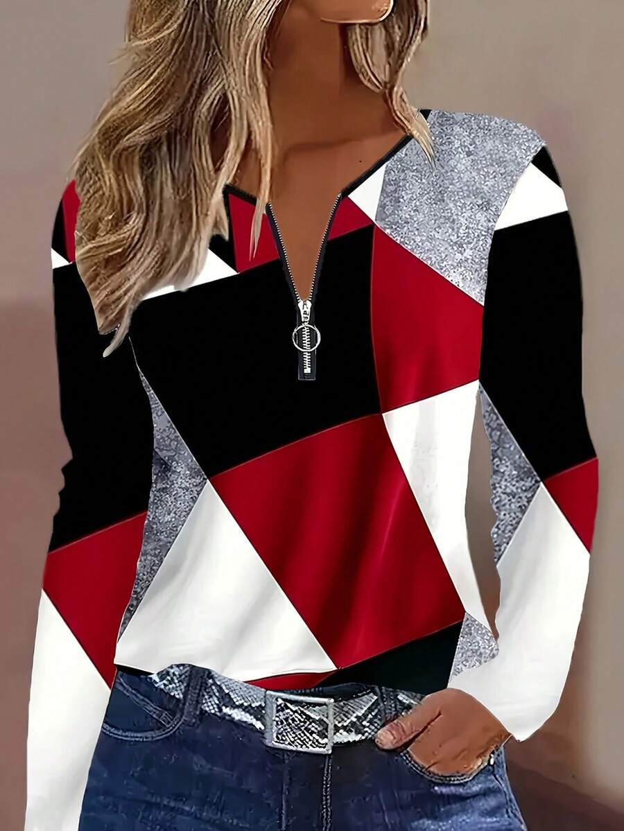 EMERY ROSE Áo thun nữ họa tiết hình học phối màu thanh lịch cổ điển thời trang tay dài cổ chữ V dáng suông mặc hàng ngày cuối tuần có khóa kéo màu rượu vang mùa xuân thu - Nhiều màu - Xem 1