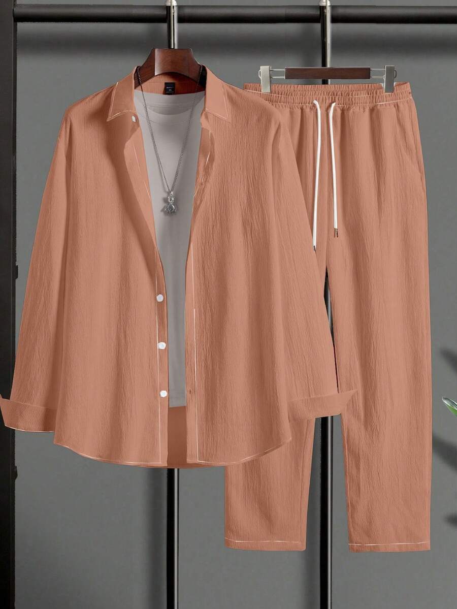 Manfinity Homme Conjunto de 2 piezas de top de manga larga y pantalones largos de unicolor minimalista para hombre, uso casual diario - Rosa vieja - Ver 1