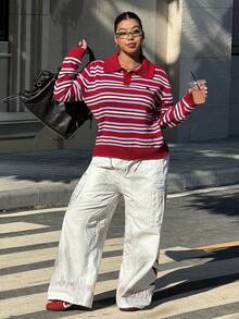 Muchica 大码女式翻领纽扣半开襟条纹刺绣休闲日常针织长袖上衣 - 彩色 - 查看 4