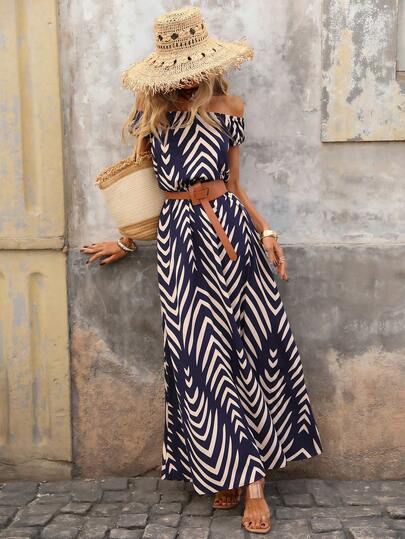 Brillora Casual Off-Shoulder Puff Sleeve Waist Gathered A-Line Bohemian Style Geometric Pattern Dress For Women, Spring/Summer, Spring Clothes Women , Summer Dress , Summer Dresses For Women , Summer Outfits  , Summer Holiday Outfits,