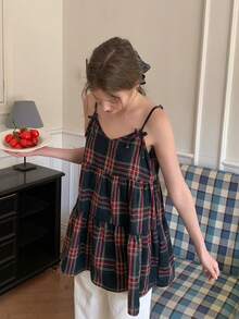 DAZY 少女日常休闲格子蝴蝶结装饰吊带背心 - 酒紅色 - 查看 1