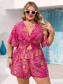 Vivid Eden Bộ jumpsuit dáng chữ A in họa tiết phong cách Bohemian, cổ chữ V, eo xoắn, xếp ly, cỡ lớn dành cho nữ, thích hợp cho mùa xuân/hè. - Màu Hồng Tươi - Xem 3