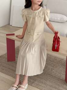 DAZY Tween Girl Pleated Round Neck Front Button Elegant Short Sleeve Dress Spring - Apricot - View 4
