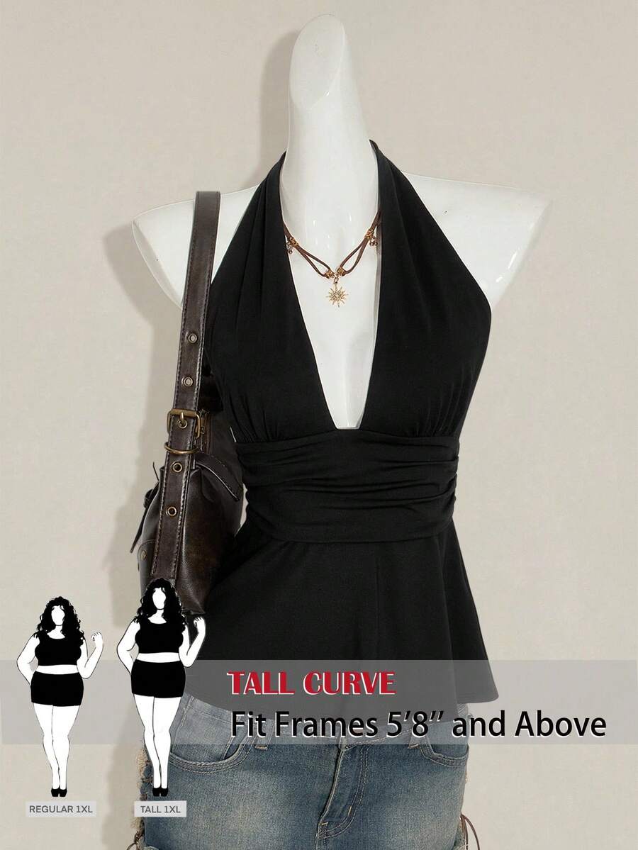 SHEIN Tall CURVE 新款加大码女式高个女孩深V领褶皱性感吊带背心，夏季上衣 - 黑色 - 查看 1