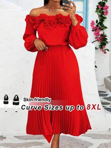 SHEIN CURVE+ 曲线尺码 US22 音乐节、海滨度假、波西米亚风 CURVE PLUS / 优雅性感纯色露肩荷叶边连衣裙，适合约会、派对、婚礼 - 紅色 - 查看 6