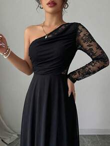 Modelyn Abito elegante da donna in stile francese, con spalla scoperta, in maglia nera con pizzo a contrasto e arricciature - nero - Visualizzare 7