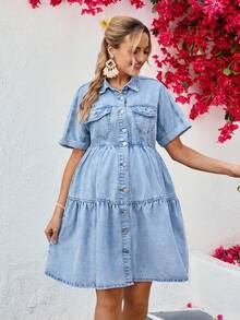 SHEIN 时尚休闲孕妇牛仔A字连衣裙，纽扣闭合，春夏款 - 淺色水洗藍 - 查看 3