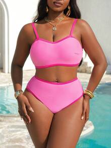Slaydiva Plus Size Women Solid Color Splice Drawstring 2-Piece Bikini Set, Swimwear For Beach, Holiday, Swimming, Party, Yacht - Pink - View 3