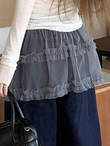 FRIFUL Women's Solid Color Sheer Mesh Fabric Layered Tie Frill Trim Loose Casual Versatile Skirt - Grey - View 2