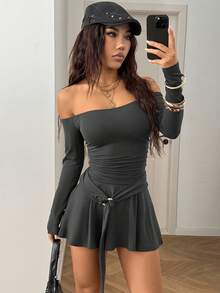 StreetHx Đầm dài tay ôm sát, hở vai dành cho nữ - Xám - Xem 5