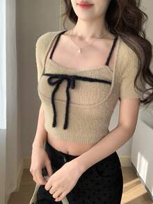 FRIFUL 2 piezas Suéter de punto de mujer con contraste de color y decoración de lazo en el pecho, conjunto de jersey casual versátil de ajuste ceñido - Beis - Ver 4