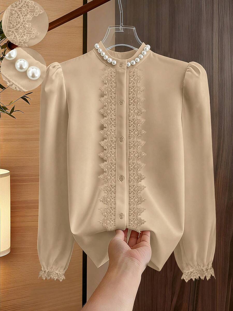 Franclia 女士休闲通勤圆领长袖珍珠装饰衬衫，优雅百搭，适合工作场合，秋冬季穿着。 - 卡其色 - 查看 1