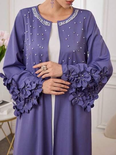 Al Najma Women's Solid Color Elegant Luxurious Crystal Diamond Pearl Floral Decor Flare Sleeve Loose Long Arabic Abaya