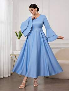 Al Najma 女士优雅奢华水钻链条装饰腰带喇叭袖阿拉伯风格连衣裙 - 藍色 - 查看 3