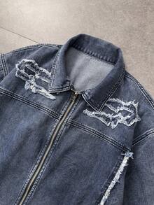 ROMWE MEN Street Life Veste en jean décontractée à manches courtes avec fermeture éclair et bord effiloché de couleur unie pour hommes - Bleu azur - Voir 3