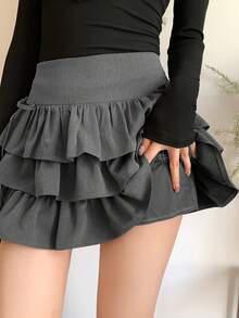 FRIFUL 女士多层蛋糕裙，带蝴蝶结装饰，甜美迷你裙 - 灰色 - 查看 2