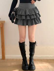 FRIFUL 女士多层蛋糕裙，带蝴蝶结装饰，甜美迷你裙 - 灰色 - 查看 3