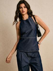 Poéselle 女士纯色露背休闲吊带牛仔上衣 女士背心 女士上衣和衬衫 女士职业装 女士夏季连体裤 女士牛仔裤 女士休闲装 女士度假套装 女士服装套装 - 深色水洗藍 - 查看 6